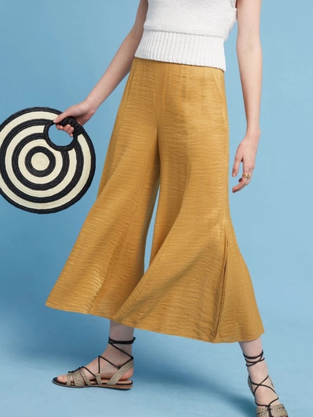 Anthropologie Elevenses Anguilla Cropped Wide-Leg Pants Gold 12 Flowy Boho NWT